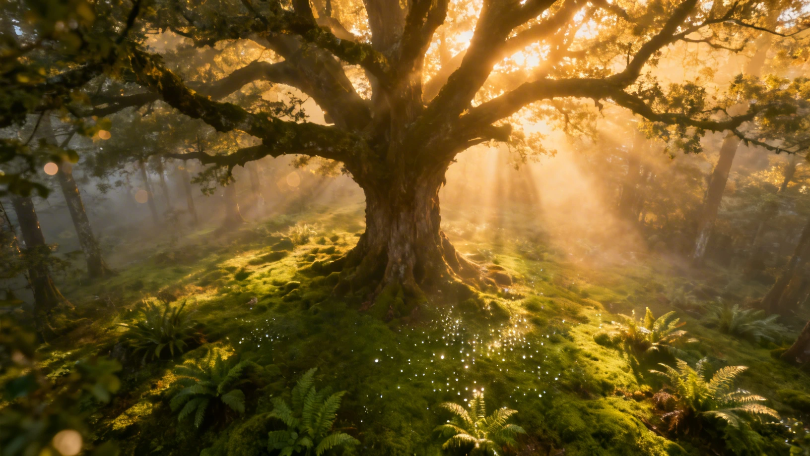 Forêt ancienne baignée de lumière dorée